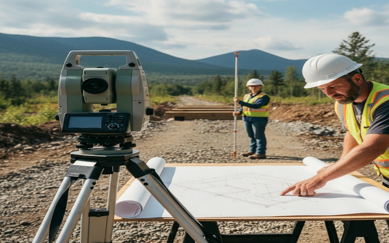 Survey equipment and engineering plans at Ashuwillticook Rail Trail extension construction site in Berkshire County
