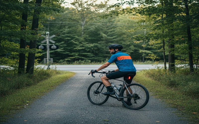 Cyclist stopped at road crossing checking for traffic on Berkshire County rail trail with proper safety equipment