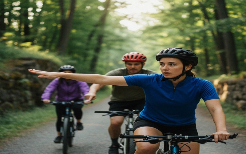 Cyclists using hand signals on Berkshire rail trail