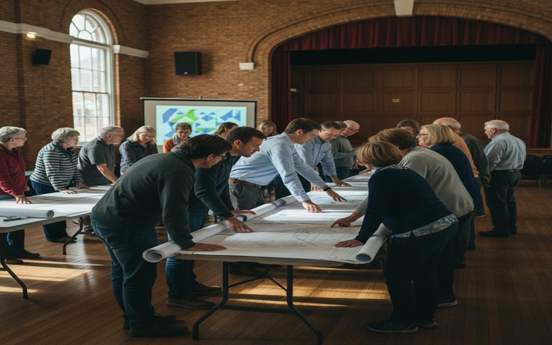Community members reviewing bike path design plans at Williamstown Town Hall public hearing with engineers